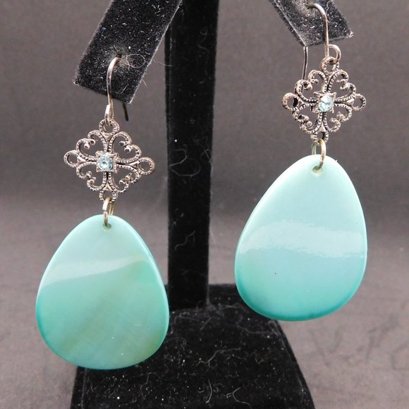 None Jewelry - long shell stone blue rhinestone dangle drop earrings